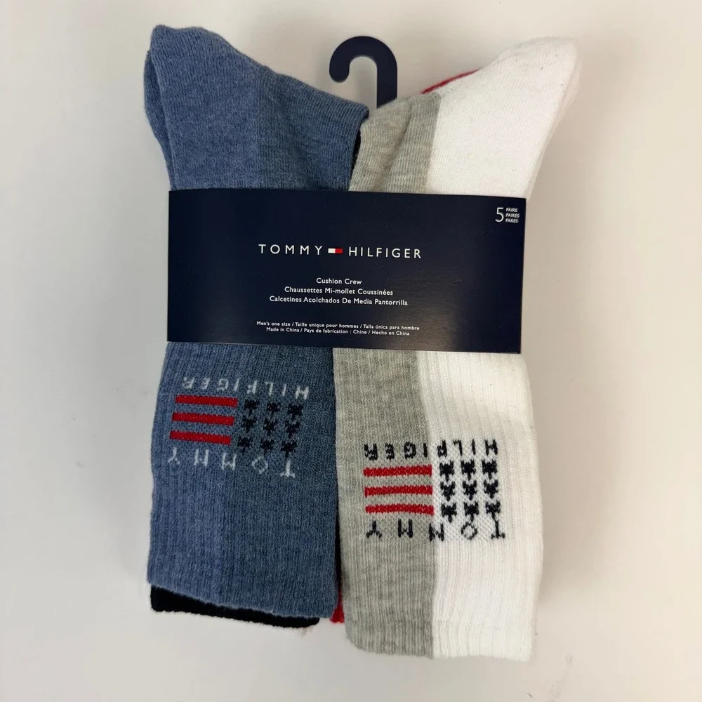 Tommy Hilfiger Mens 5 Pair Cushion Crew Socks Heather Blue White Red Flag NEW